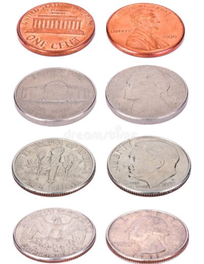 both sides usa coins shot slightly high angle isolated white background values cent penny cents nickel cents dime 29980905