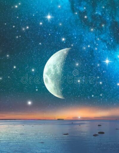 tropical moon starry sky nebula lilac sunset reflection sea water cloudy seascape nature landscape night blue dark 194171631